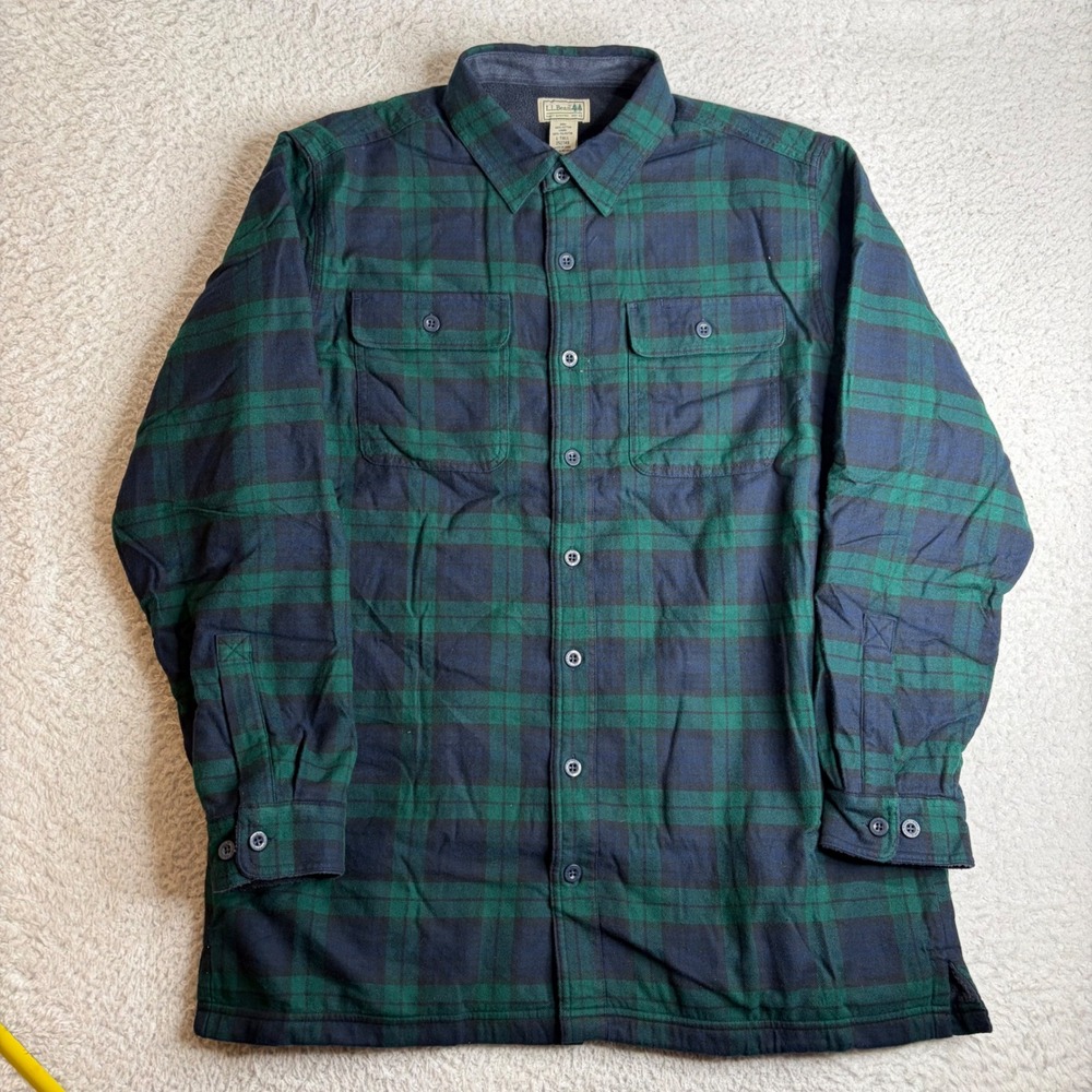 LL Bean Fleece Lined Flannel Shirt Jacket Green Blue Plaid Mens L Tall 252749